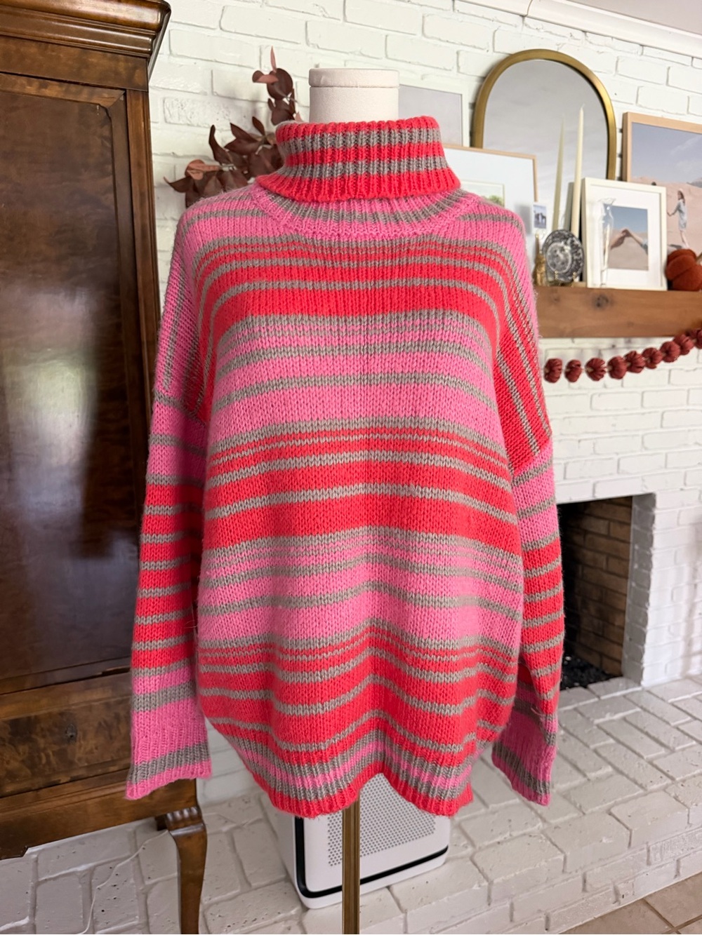 Striped Pink & Red Turtleneck Sweater - Cozy Oversized Fit